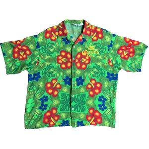 Corona Extra Beer Hawaiian Shirt Short Sleeve Button Rayon Green Floral Mens XXL